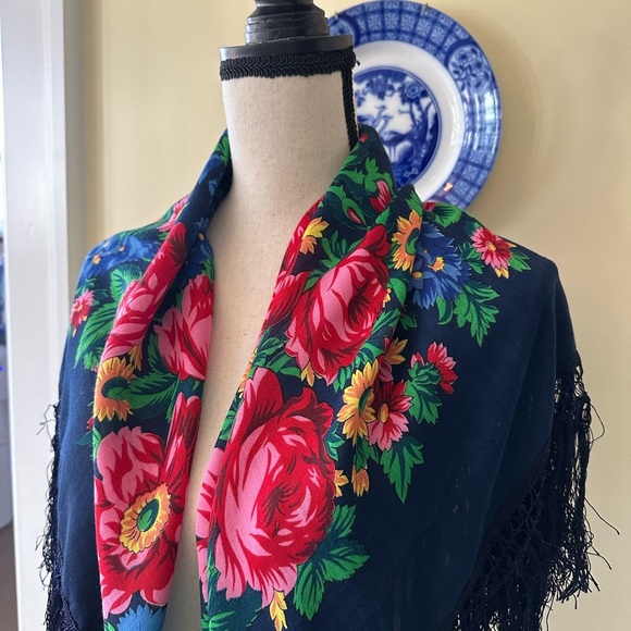 Square Floral Hand Printed Scarf with Fringe, Made in Japan - Picture 5 of 7